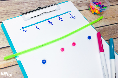 Teaching kids about fractions on a number line can be tricky. Read about 4 hands on fraction activities for kids that will make learning about fractions on a number line fun! They’re easy to setup, a great visual to help teach fractions, and involve using cubes, pipe cleaners, beads, and markers. #Teachingfractions #Handsonfractions #Fractionactivities